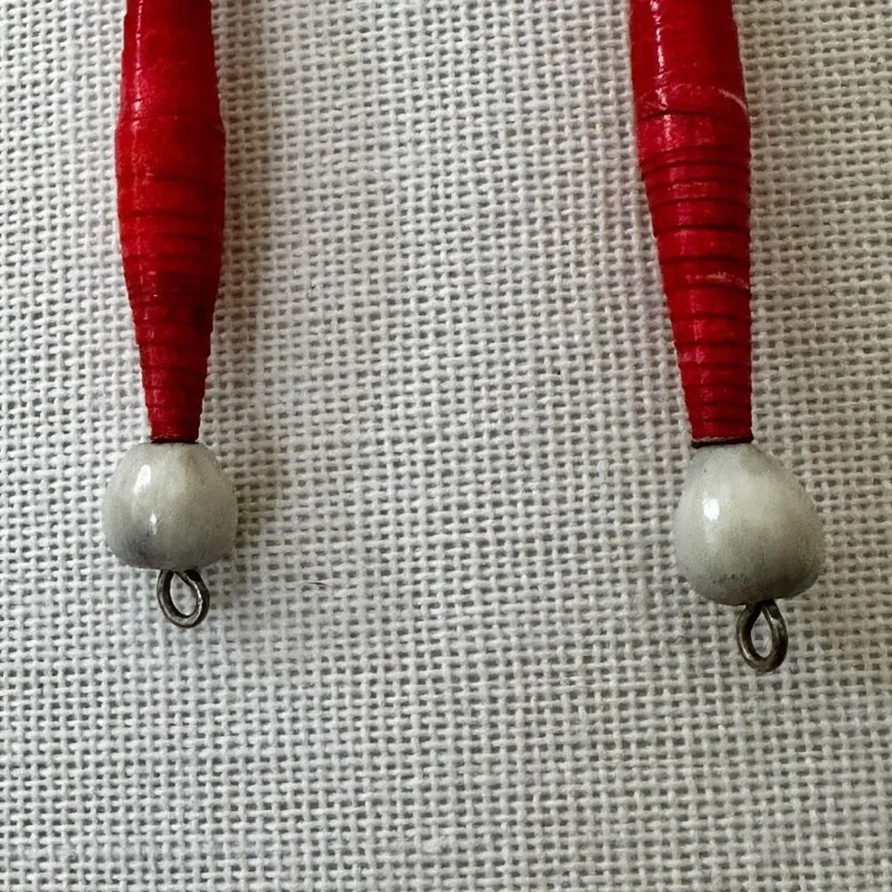 red and white paper and seed beaded earrings
